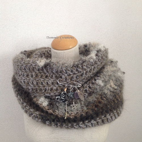 grand snood col écharpe femme - fait main - taupe , gris, beige- très doux et chaud en mohair