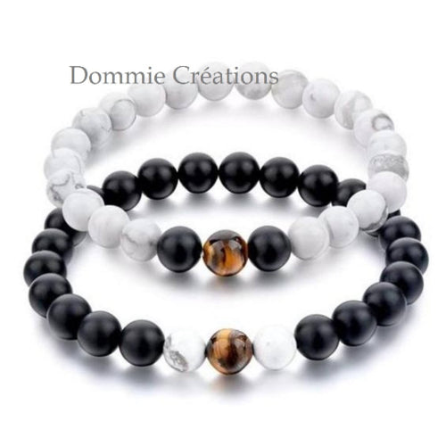 Bracelets de distance en howlite blanche, oeil de tigre et agate noire