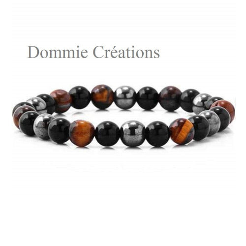 Bracelet mala unisex, perles oeil de tigre, hématite, agate noire
