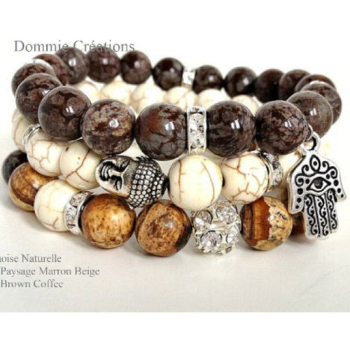 Bracelets en howlite, jaspe paysage et jaspe café, perles naturelles