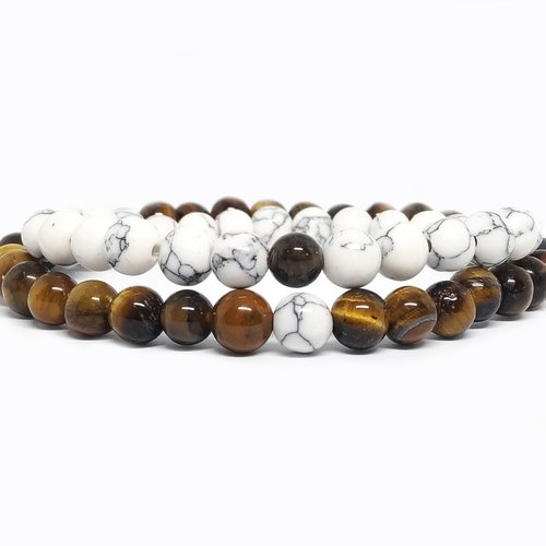 Bracelets de distance en oeil de tigre et howlite blanche, perles naturelles