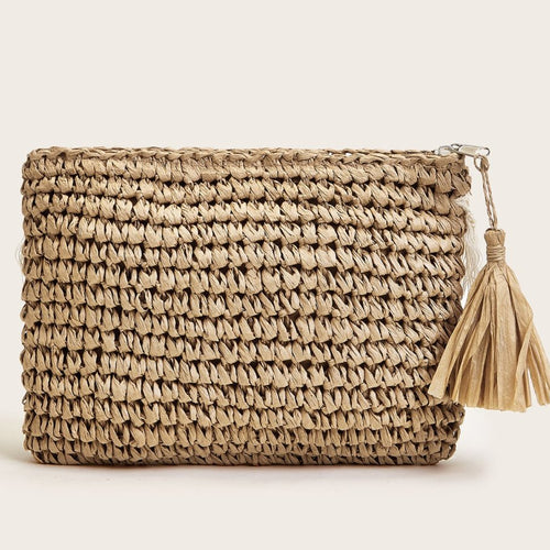 Pochette beige en raphia de cellulose et coquillages