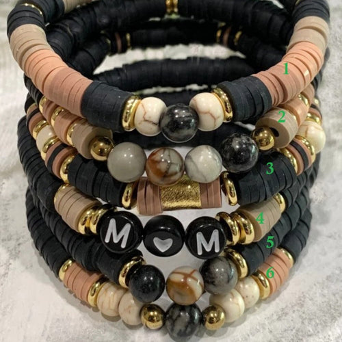 Bracelet en perles naturelles & disques polymère sur fil élastique