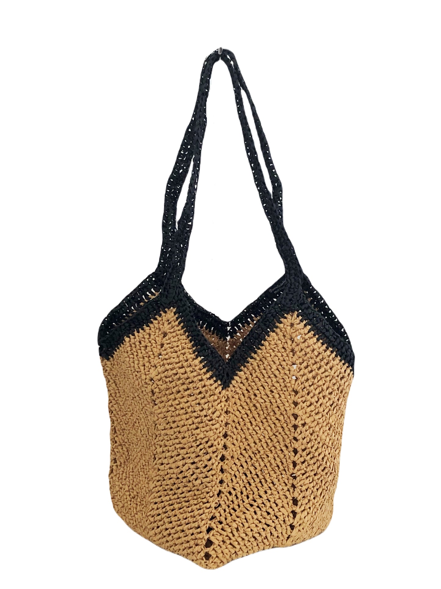 Cabas de plage Granny beige et noir en Raphia de Cellulose