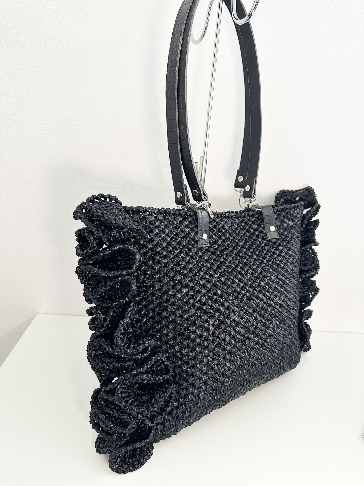 Sac cabas de plage en raphia Noir