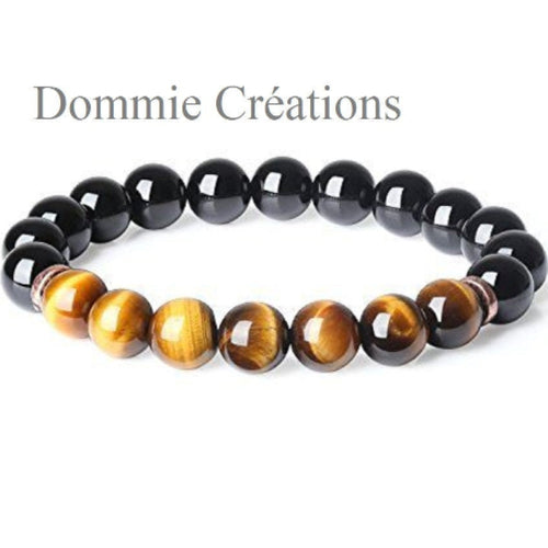 Bracelet mala en oeil de tigre et agate noire, perles naturelles
