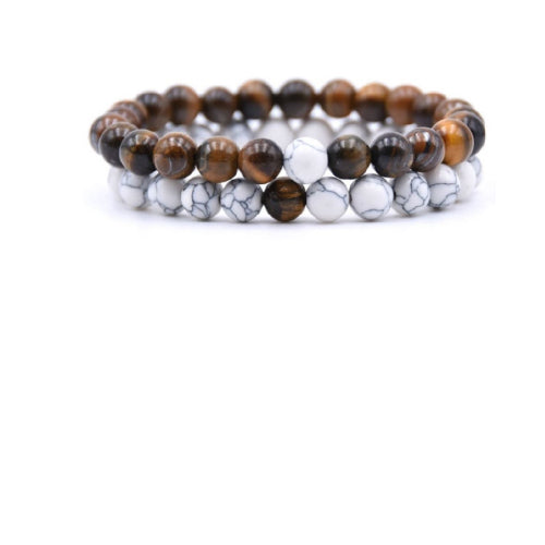 Bracelets de distance en oeil de tigre et howlite blanche, perles naturelles