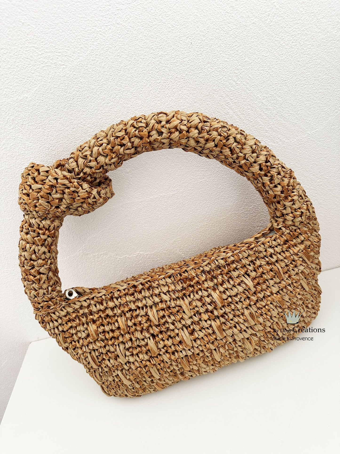 Sac boulette en raphia, sac à noeud réalisé à la main, sac femme beige et or cuivré ,soirée, mariage