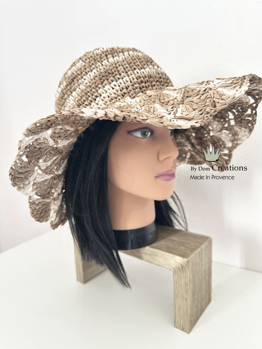 Chapeau de paille Mix de Beige , grand chapeau en raphia , chapeau plage Bohème, chapeau été